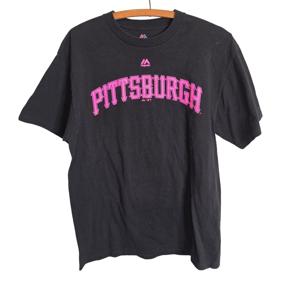 Majestic Pittsburgh Graphic T-Shirt  Black Pink Arched Logo Tee